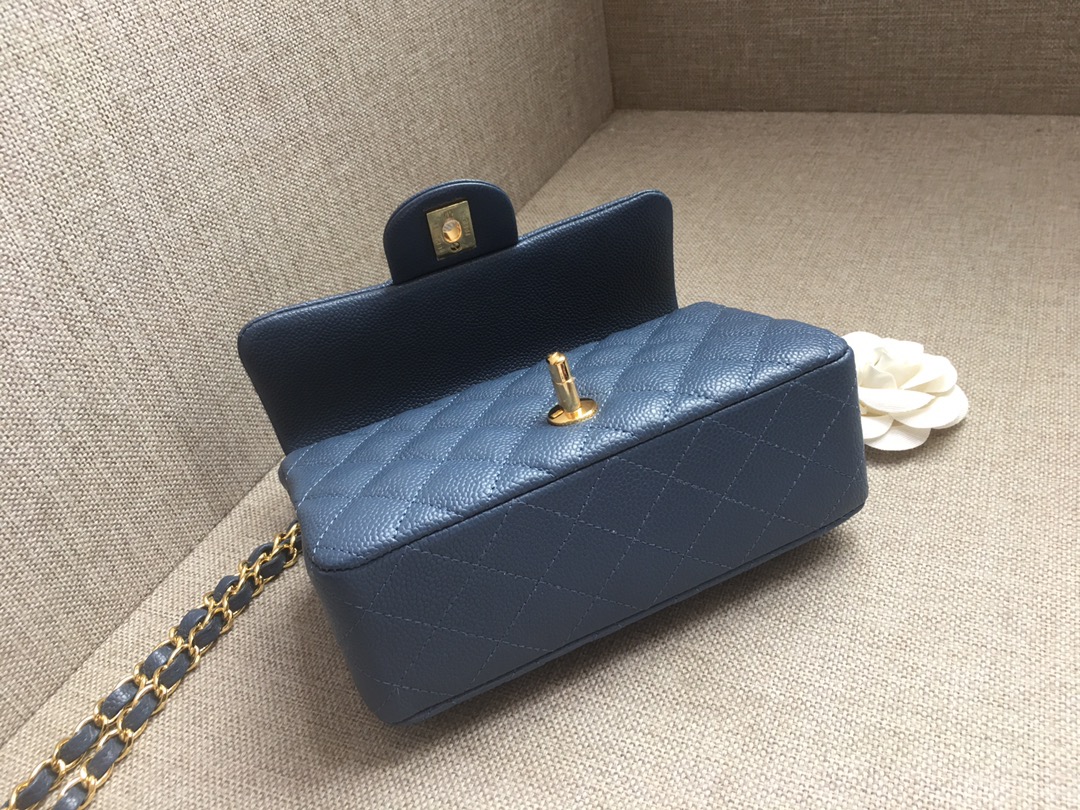 Small Classic Flap Caviar Bag A01116 Dark Blue/Gold